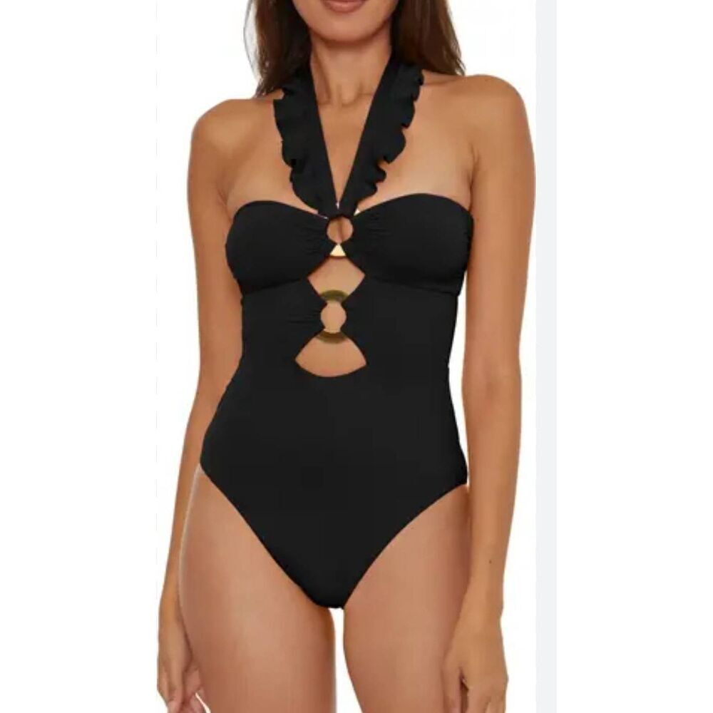 Soluna One-Piece Swimsuit Size Small Black Ruffle Strappy NWT